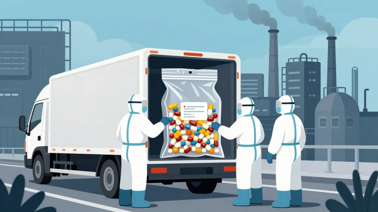 Workers loading a bag of pills into a truck for secure disposal