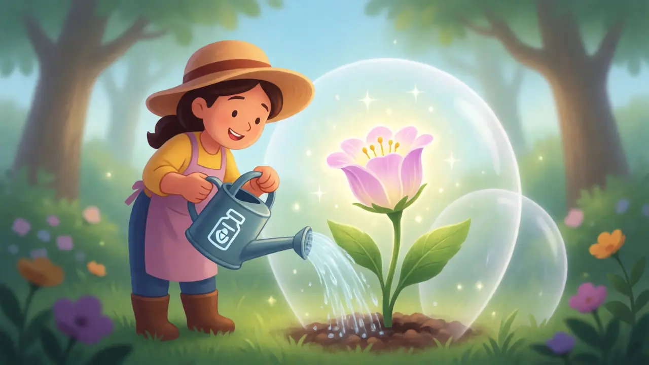 Gardener nurturing glowing flower bud with precise care in magical garden